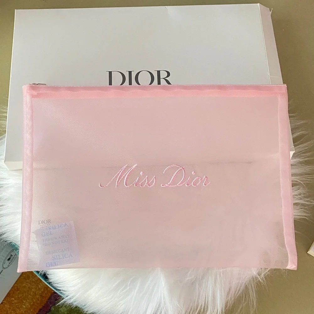 Dior Miss Dior pink mesh makeup pouch new / 11”x 8”